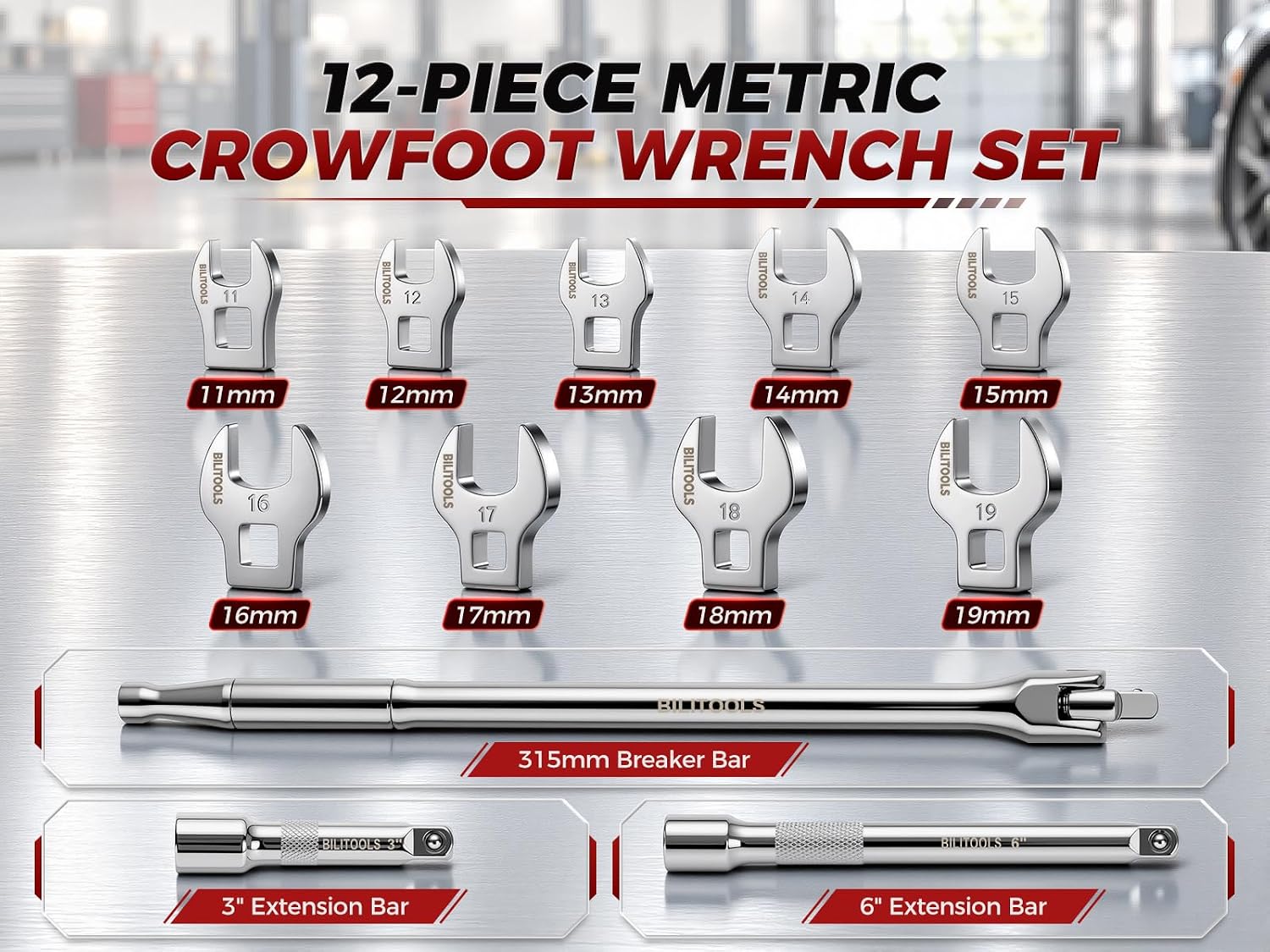 12PCS 3/8" Drive Metric Crowfoot Wrench Set with Breaker Bar — view 3