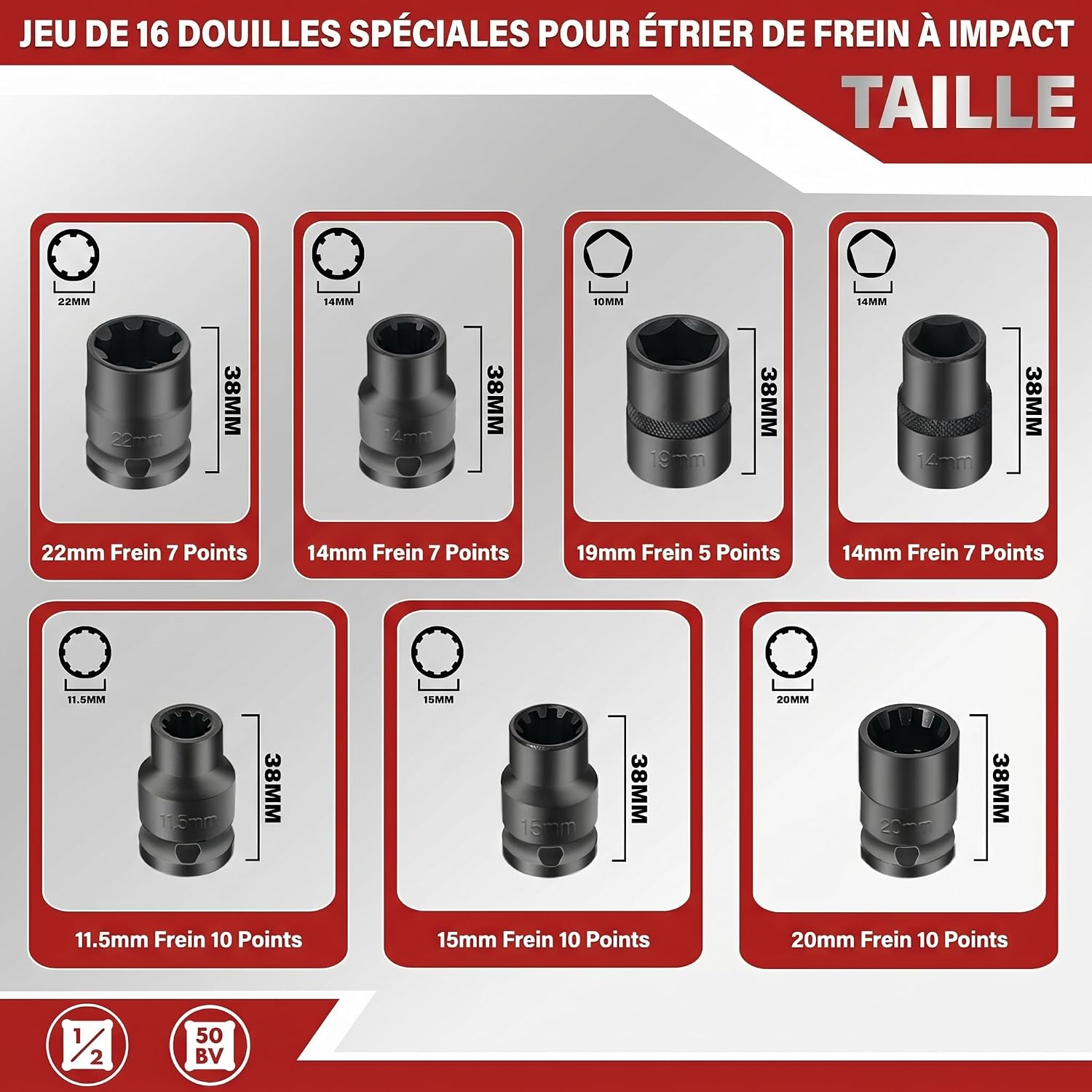 16 PCS Impact Brake Caliper Socket Set 1/2" Drive — view 3