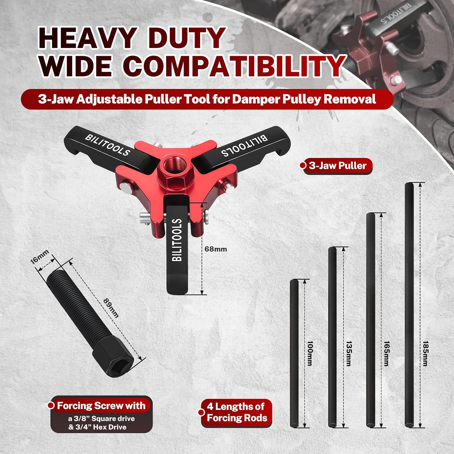 Adjustable 3-Jaw Harmonic Balancer Puller for Crankshaft Dampers — view 4