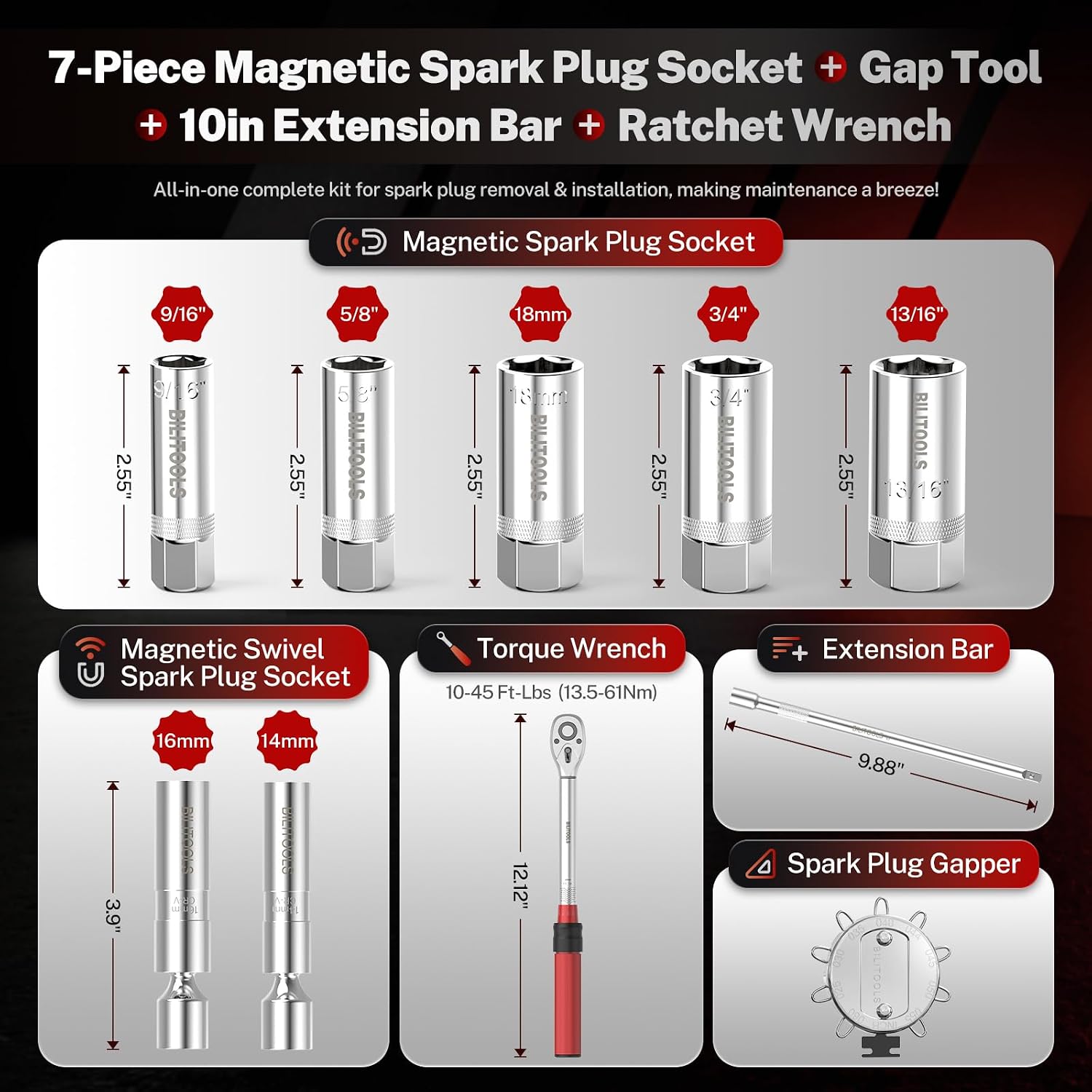 10 PCS Magnetic Spark Plug Socket Set with Torque Wrench — view 3
