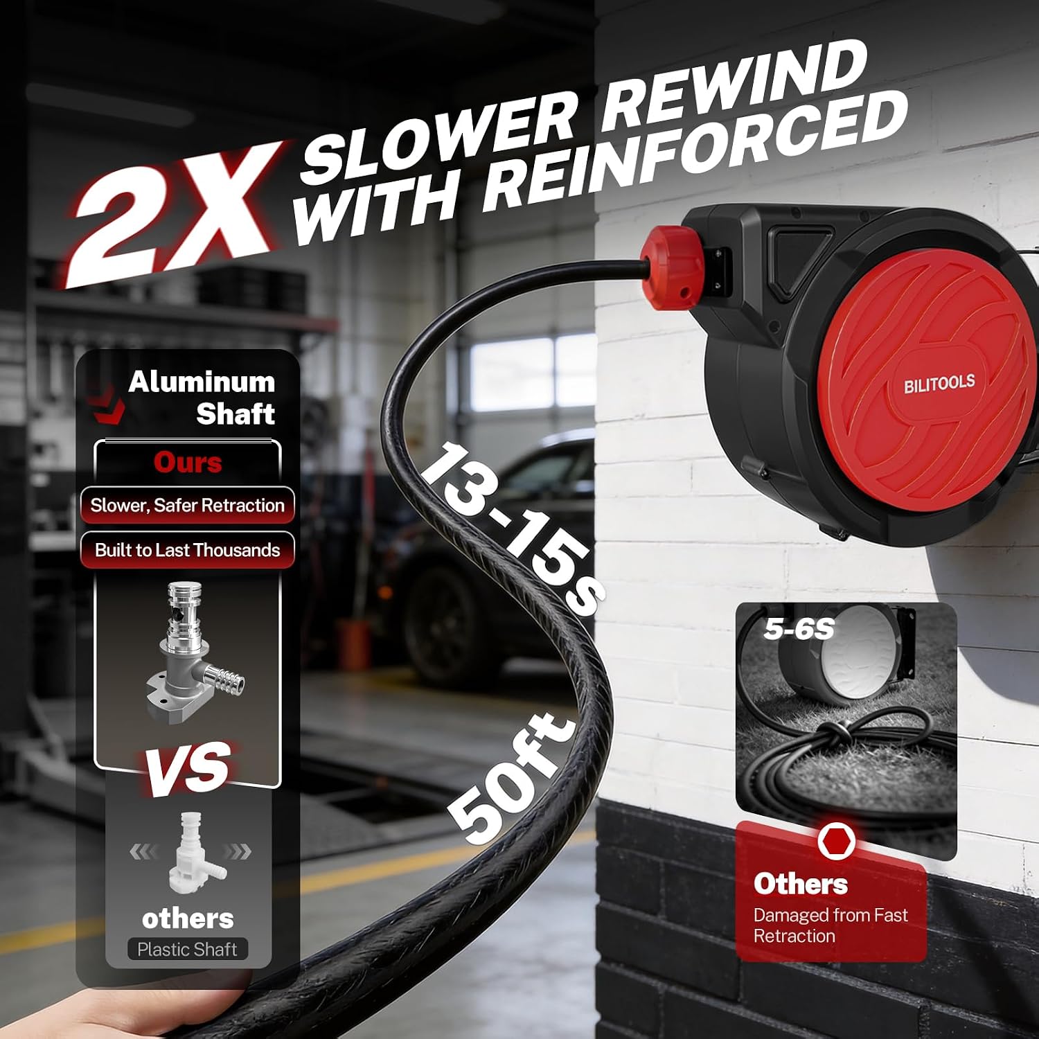 Retractable Air Hose Reel 3/8" x 50FT Max 300PSI Auto Rewind — view 3